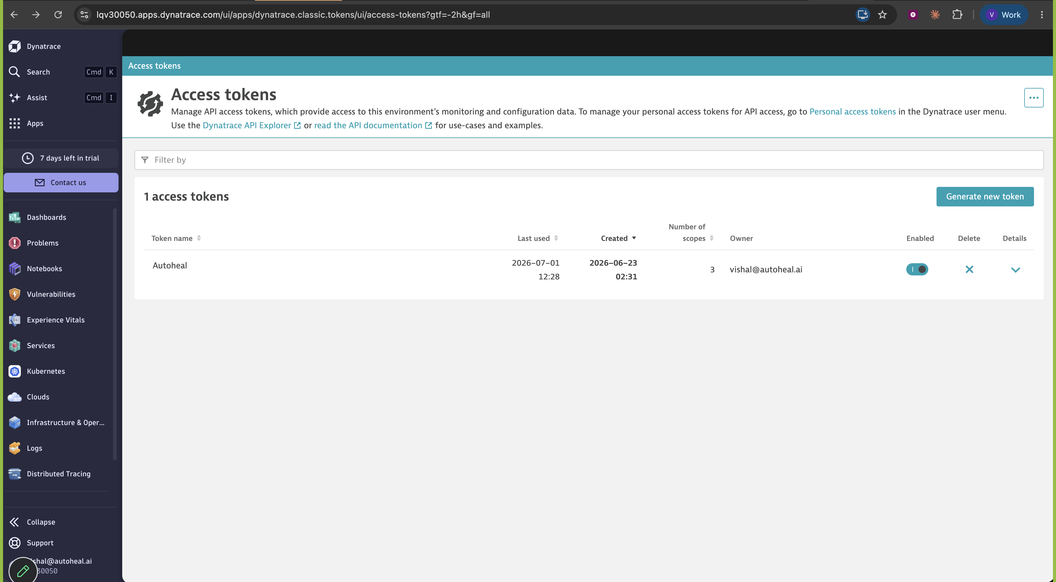 The generated token in the Access Tokens list