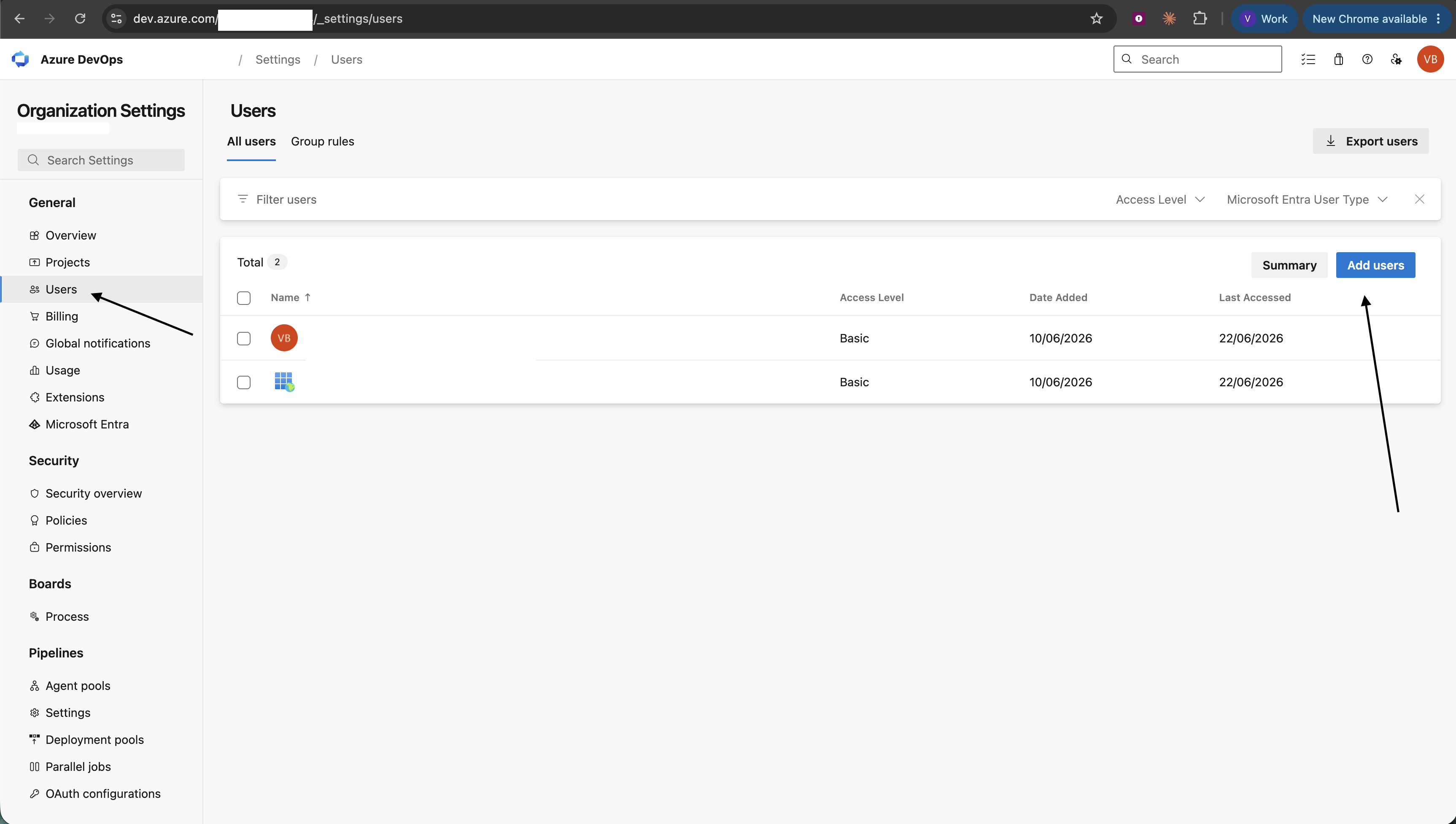 Azure DevOps → Organization settings → Users → Add users