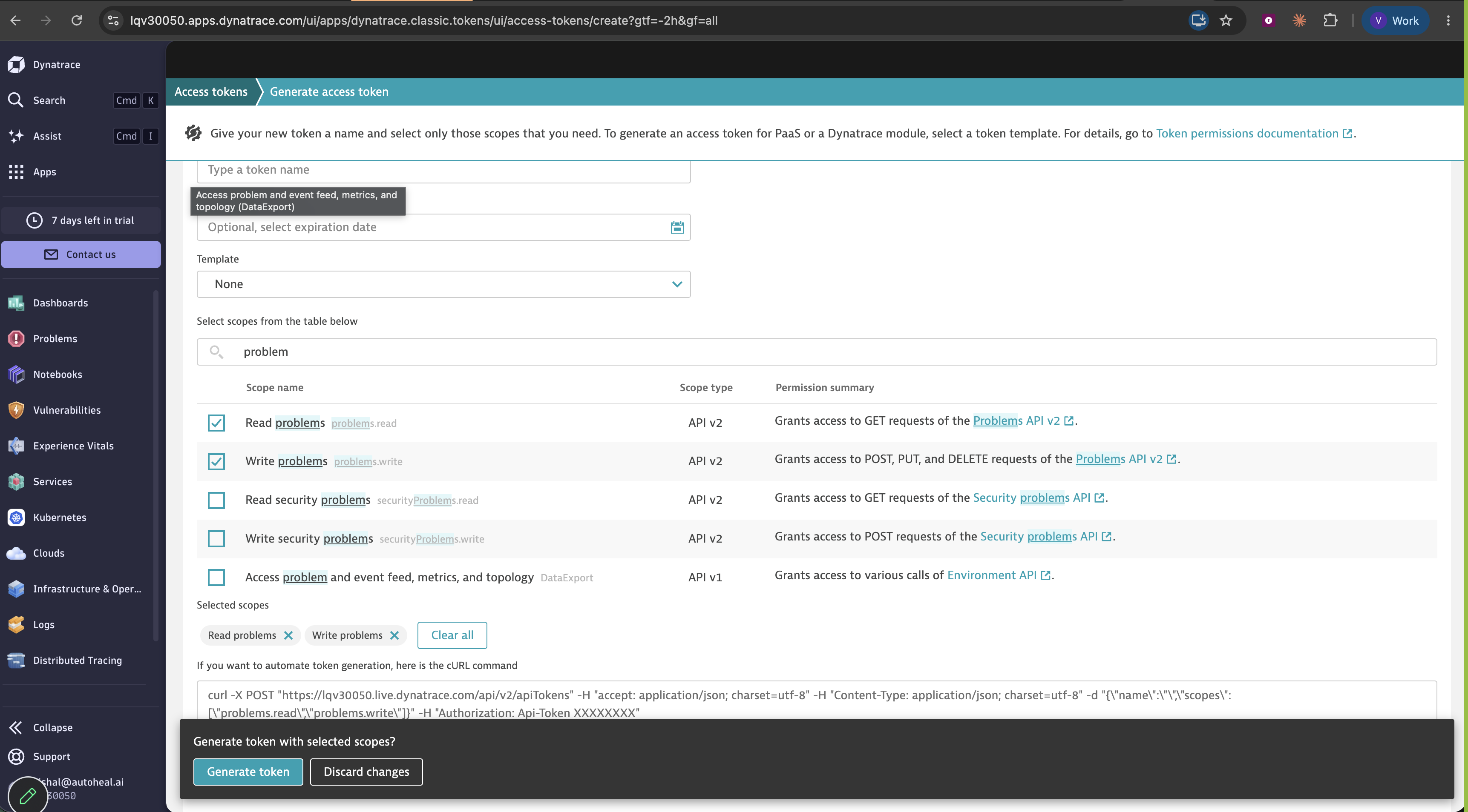 Generate an access token and select the required scopes